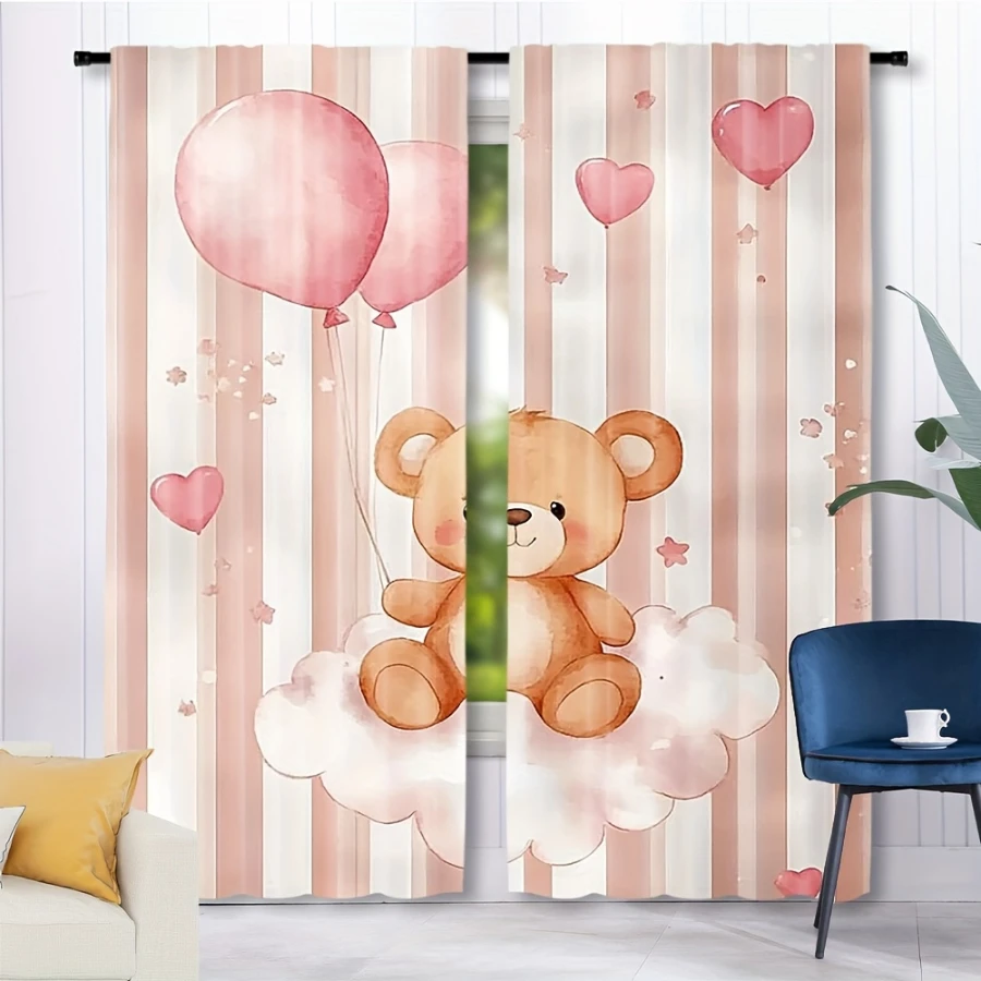 2PCS Digital Printed Curtains with Sweetheart Bear Design, Stylish Window Drapes for Living Room Bedroom Home Decoration