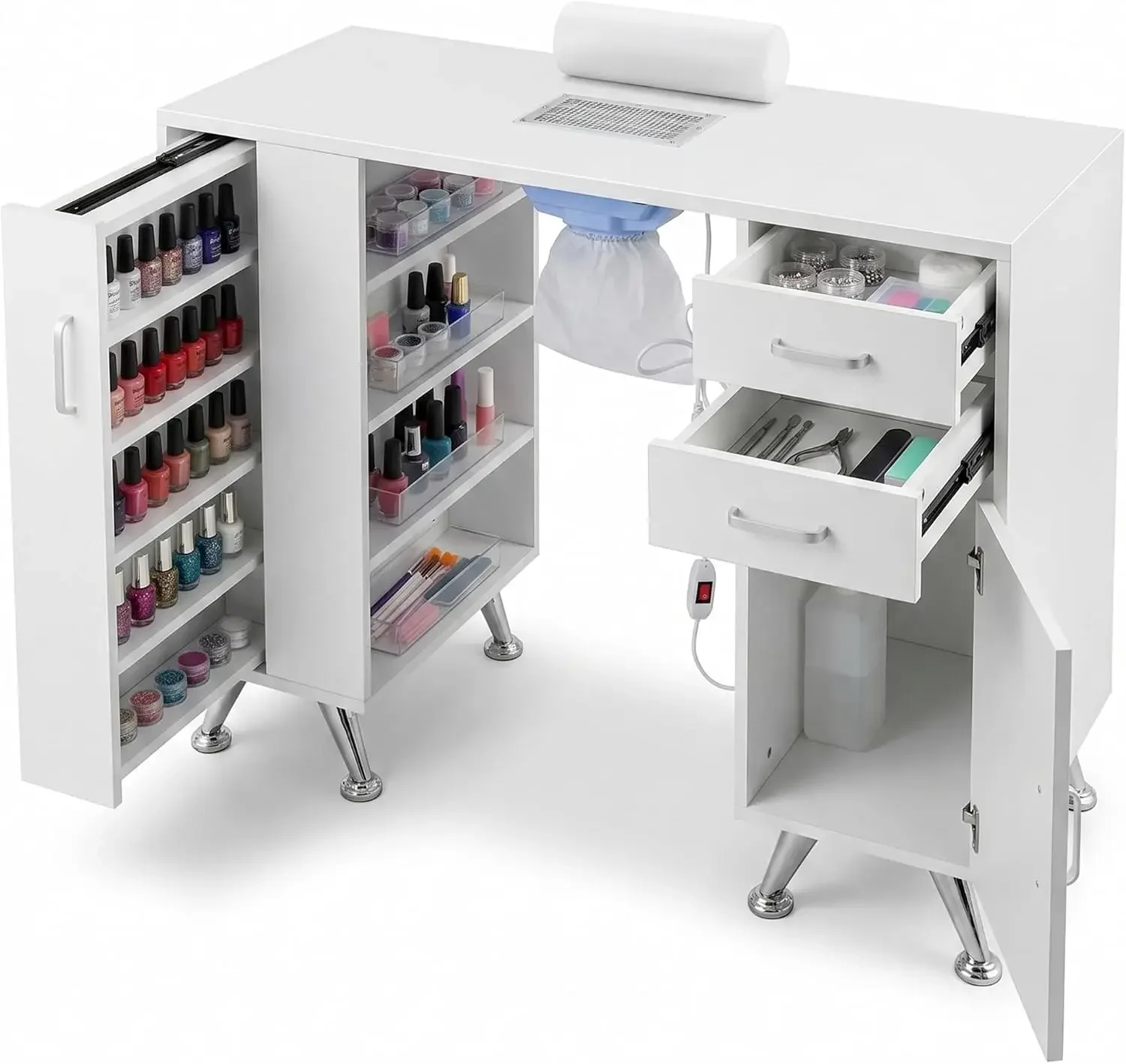 Professional Manicure Table, Nail Tech Desk with Dust Collector | Water-Resistant | Storage Drawers , Shelves & Hand Rest | for