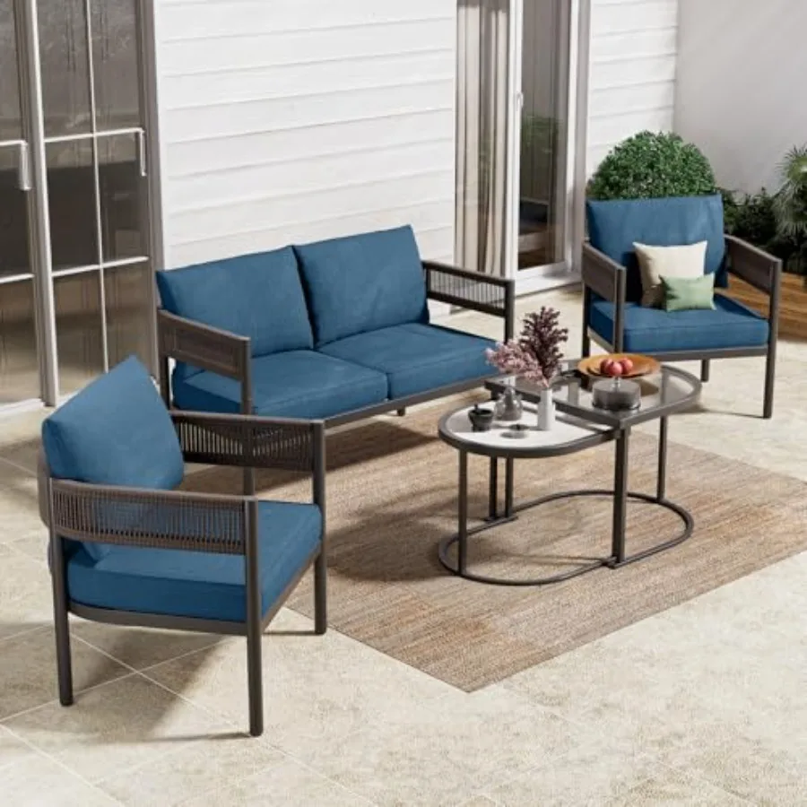 

Outdoor furniture set for backyard, balcony, garden: 5-piece wicker conversation set with thick cushions and coffee table, beig