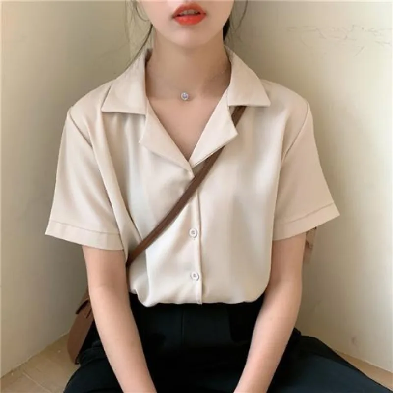

Women Clothing Summer Fashion Casual Button Solid Color Polo Collar Women Shirts Simplicity All-match Appear Thin Short Sleeve