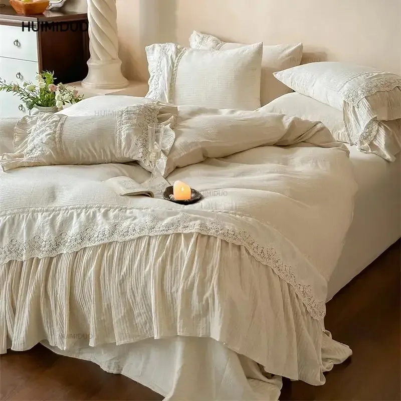 20% Linen, 80% Cotton Natural Health Skin French Style Lace Ruffles Embroidery Bedding Set Duvet Cover Bed Sheet Pillowcase 4Pcs