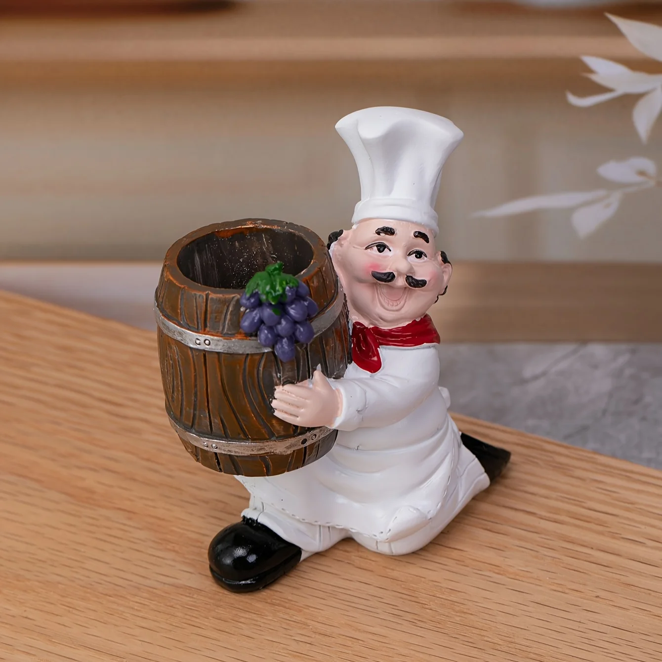 Charming Chef-Themed Toothpick Holder with Wooden Bucket - Resin, No Power Needed, Perfect for Home & Party Decor