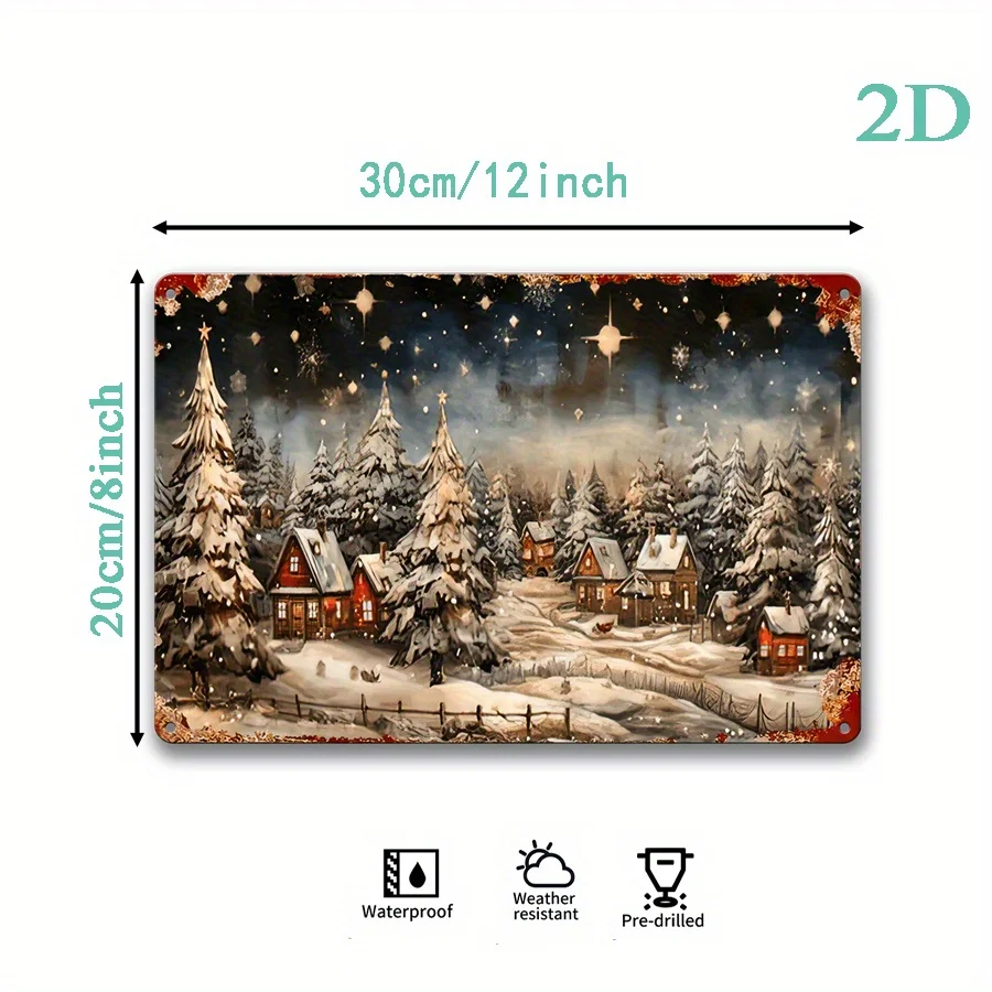 1pc Vintage Rustic Christmas Metal Tin Sign - Heavy-Duty Iron Winter Village Wall Art with Red-Roofed Houses, Snowy Pine Trees &