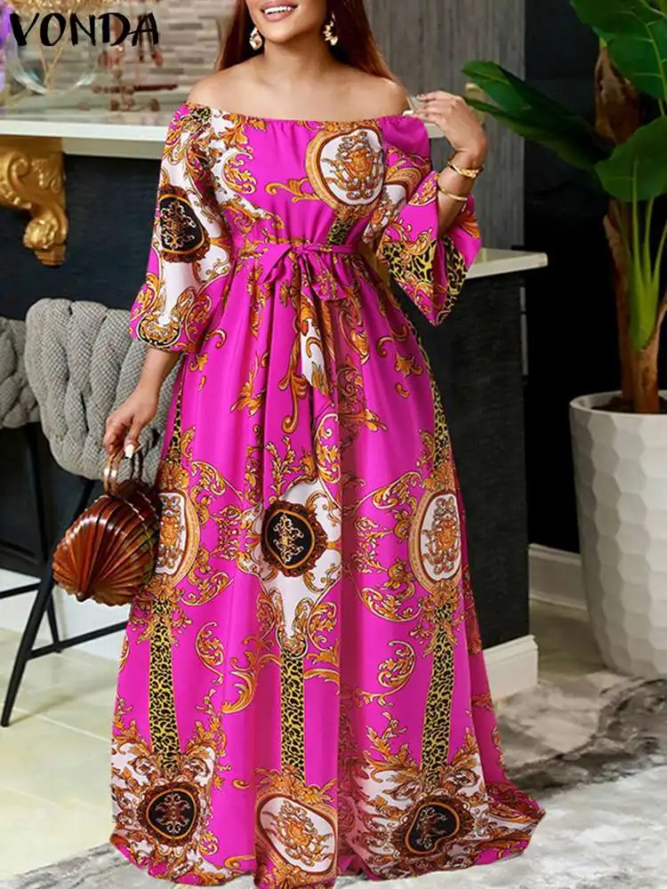 Elegant Party Dress 2024 VONDA Women Autumn Sexy Off Shoulder Long Sleeve Dress Bohemian Sundress Belted Vintage Maxi Robe Femme