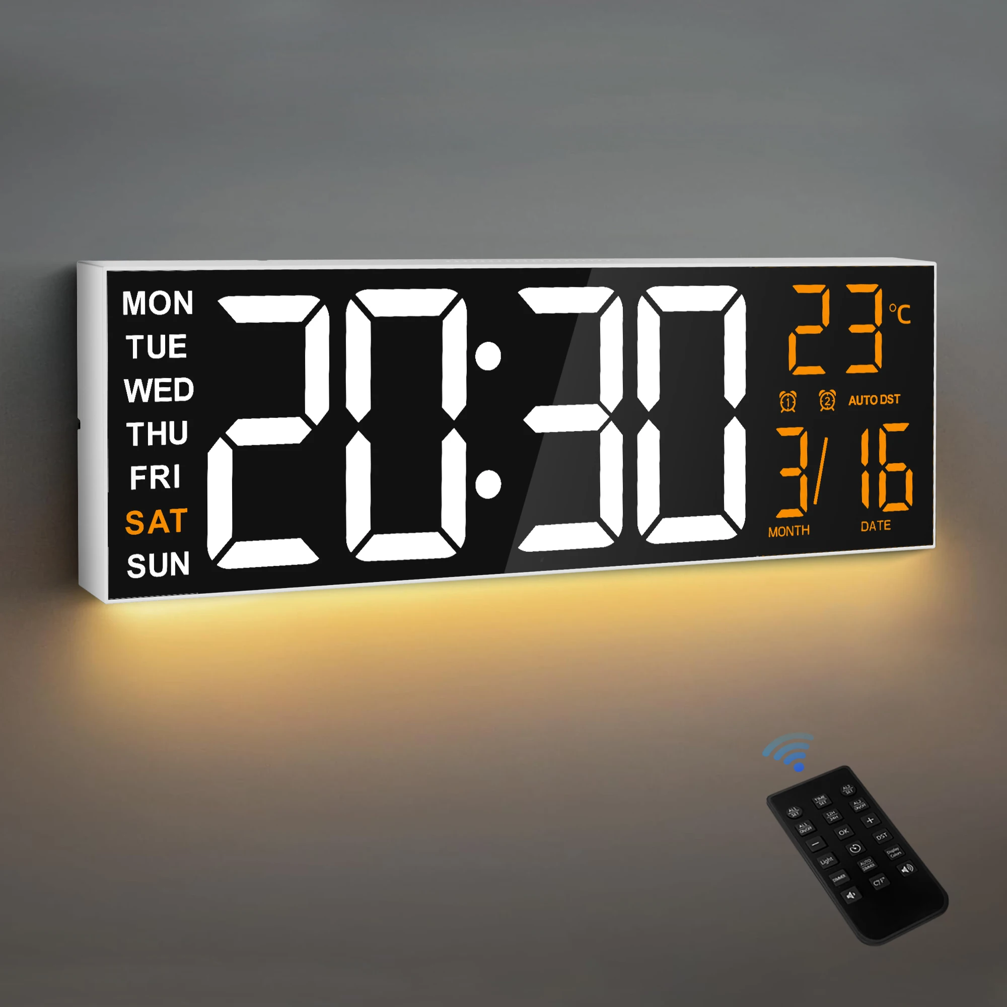 LED Wall Clock with Night Light, 8 RGB Colors, Temperature Display, 2 Alarms, Countdown Function, 12/24-Hour Format, Perfect for Bedrooms, Living Rooms, Desks and Elderly Users