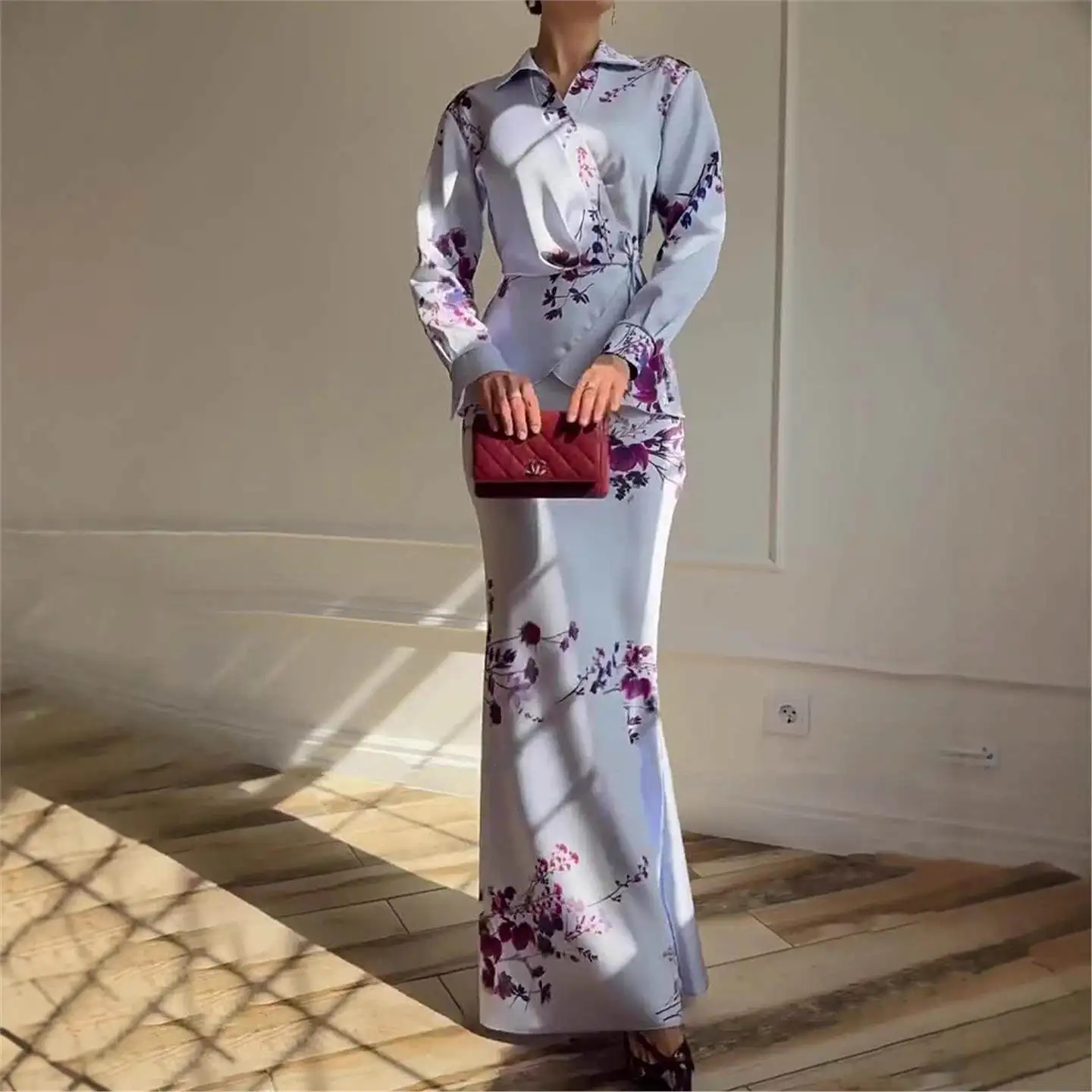 

Ele Casual Loose Zipper Long Sve Long Pants Set Women's Faion 2025 Cross-Border High-End Plant Floral Patterned PVC ...
