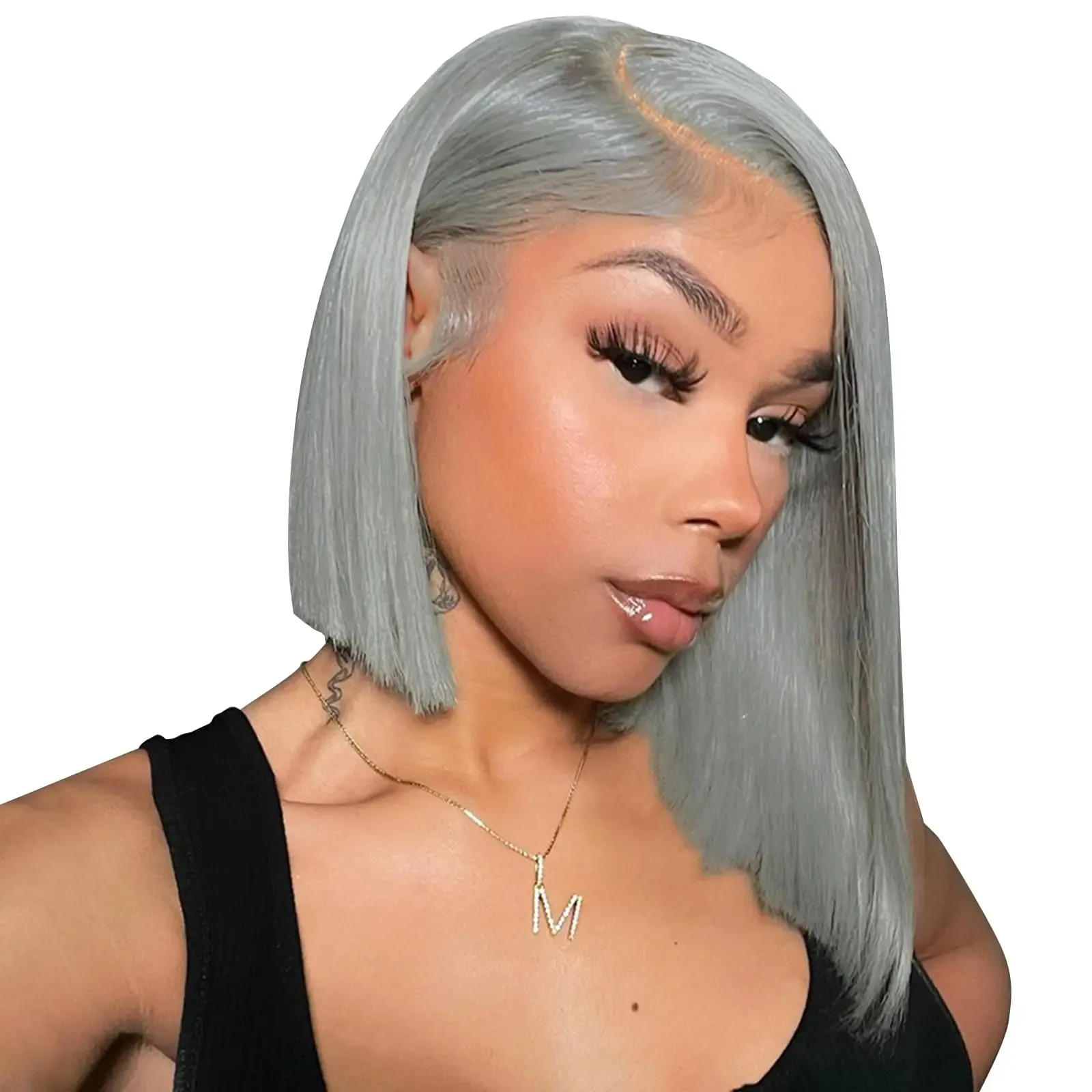 Peluca de cabello humano liso con encaje Frontal para mujer, pelo corto Bob transparente HD 13x4, color gris plateado 613, predespuntado