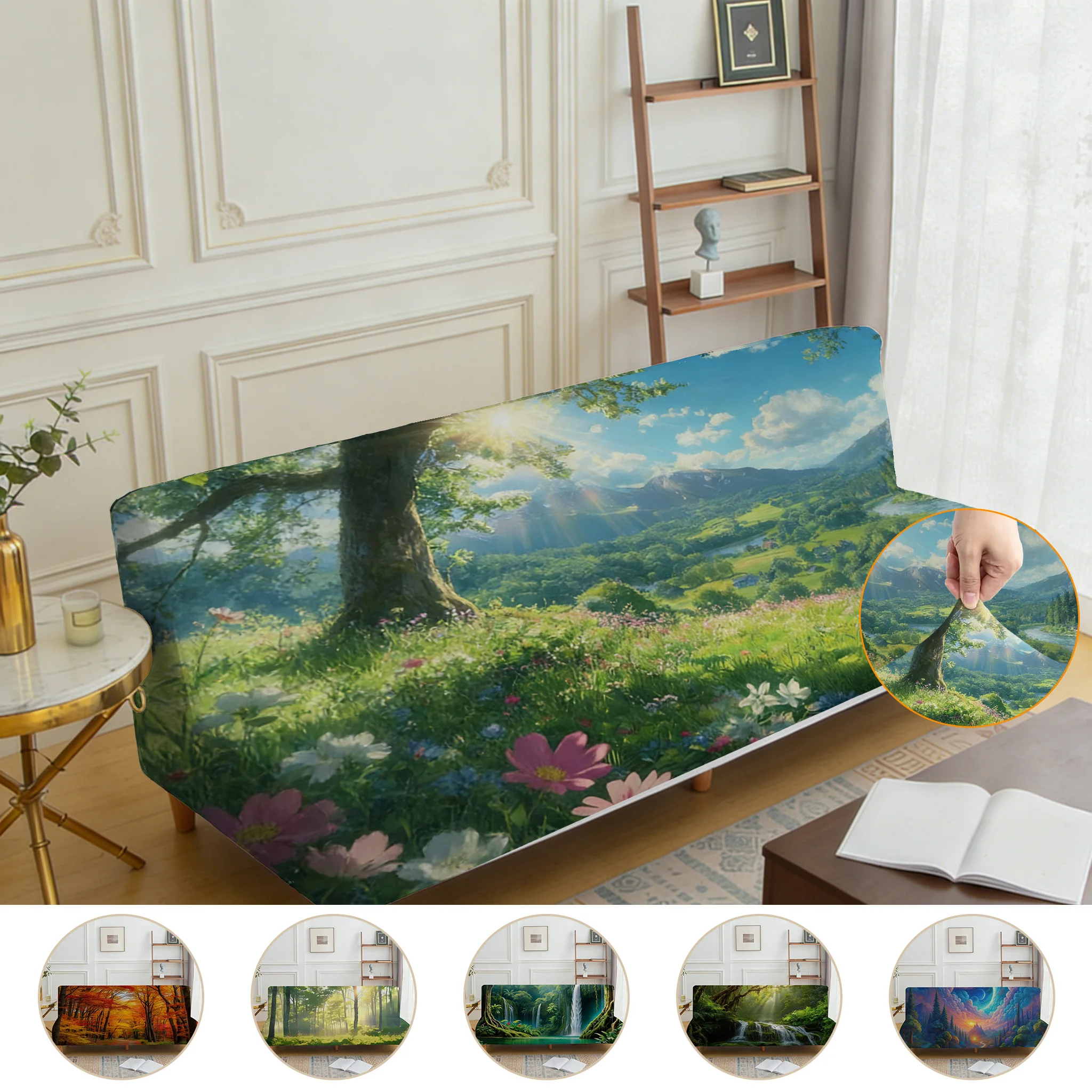 Armrestless high elastic sofa bed cover, natural forest print pattern, dustproof machine washable sofa bed cover