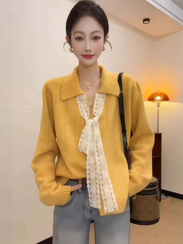

Faionable Lace-Belted Knitted Sweater Women's Sle Hollow out Design Autumn Winter Casual Loose Fit Long Sve Top
