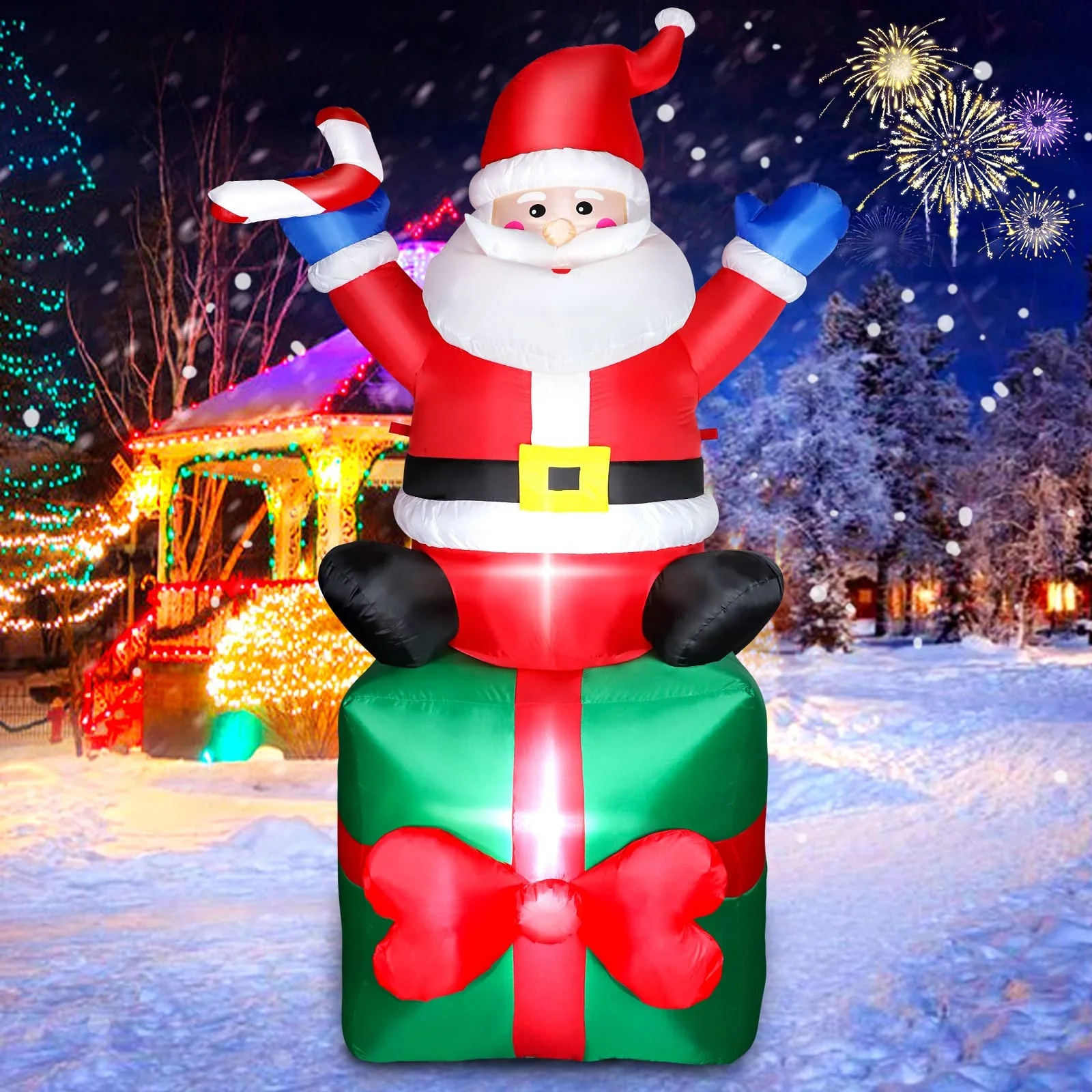 ของตกแต่งวันหยุด 6 ฟุต ของตกแต่งปาร์ตี้คริสต์มาส ของตกแต่งบ้าน ระเบียง สวน สนามหญ้า ของตกแต่งกลางแจ้ง ซานตาคลอสเป่าลมพร้อมกล่องของขวัญ