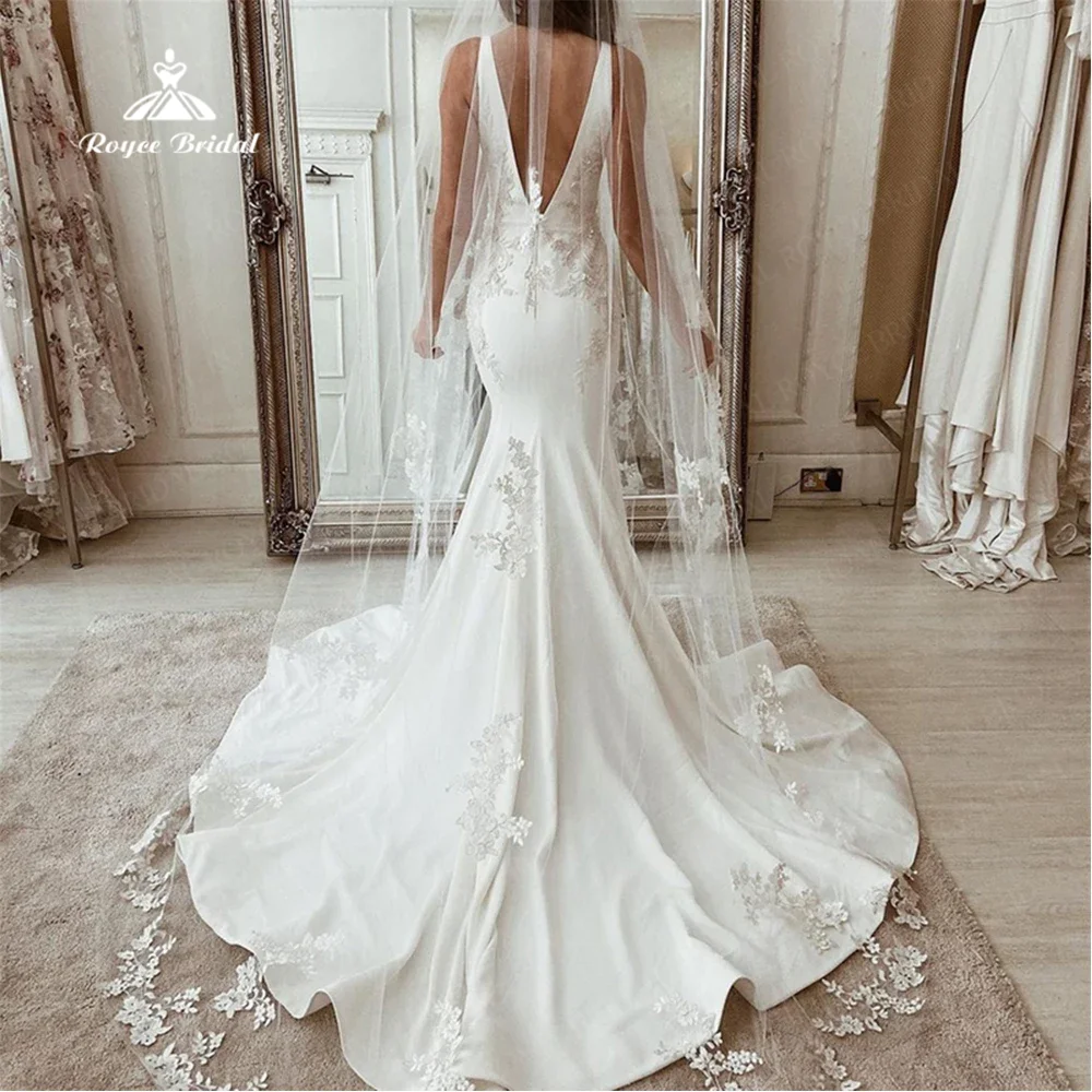 فستان زفاف حورية البحر من Roycebridal-V للنساء ، ثوب من الساتان ، قطار المحكمة ، فستان زفاف للضيوف ، من Roycebridal