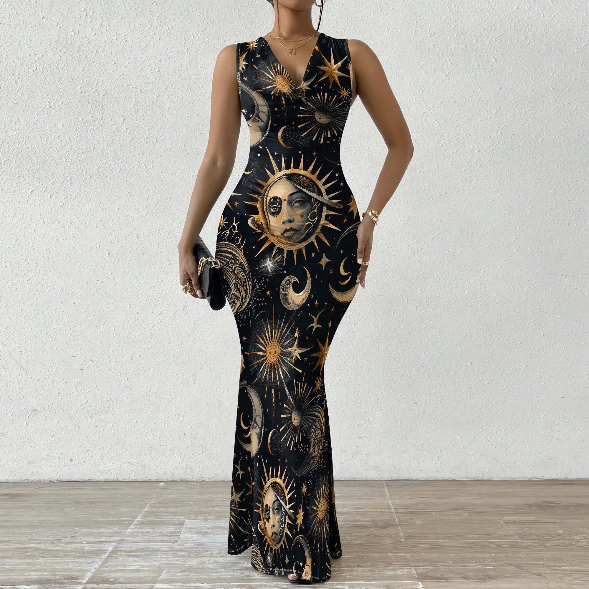 

Celestial Sun & Moon Print Bodycon Maxi Dress XS-2XL - Mystical Dress for Boho Parties, Summer Festivals & Evening Out