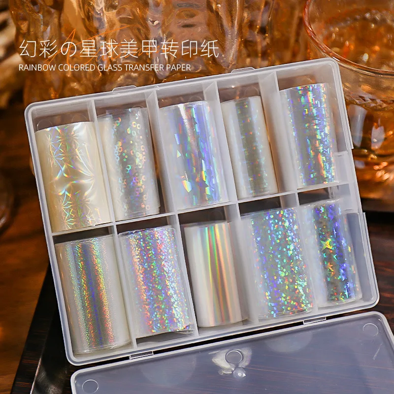 10 Rollen klare Laser-Aurora-Nagelfolien-Aufkleber, schillerndes holografisches Glas, Fragment-Transferfolien-Abziehbilder, 4 x 50 cm, Nageldekoration – Detail 7