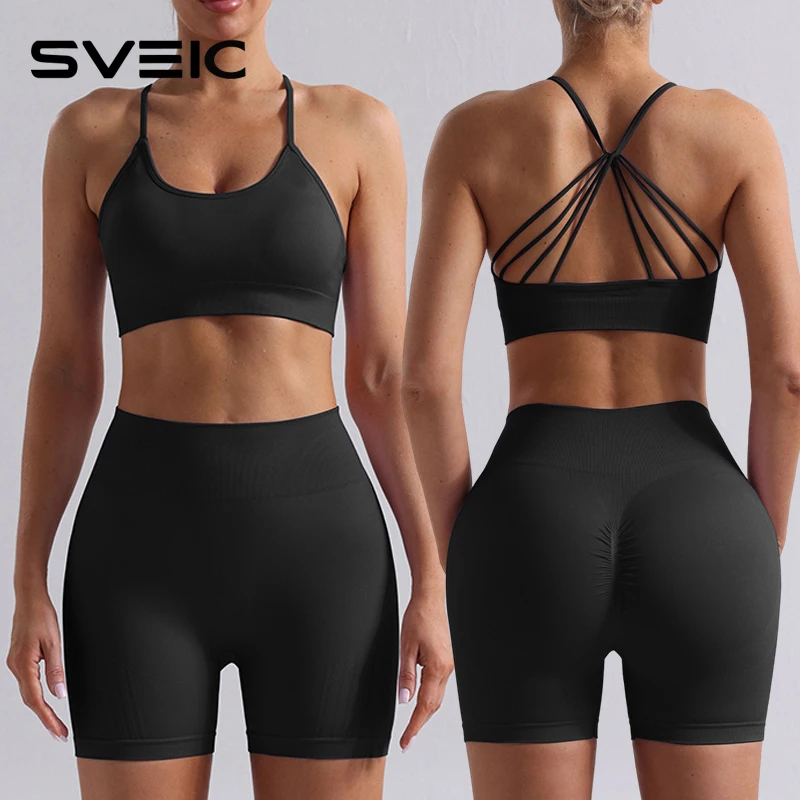 

SVEIC Seamless Yoga Sets Shorts Sports Bras Shoulder Strap Fitness Sportswear Workout Two Pieces Suits Outfits Gym Woman Clothes