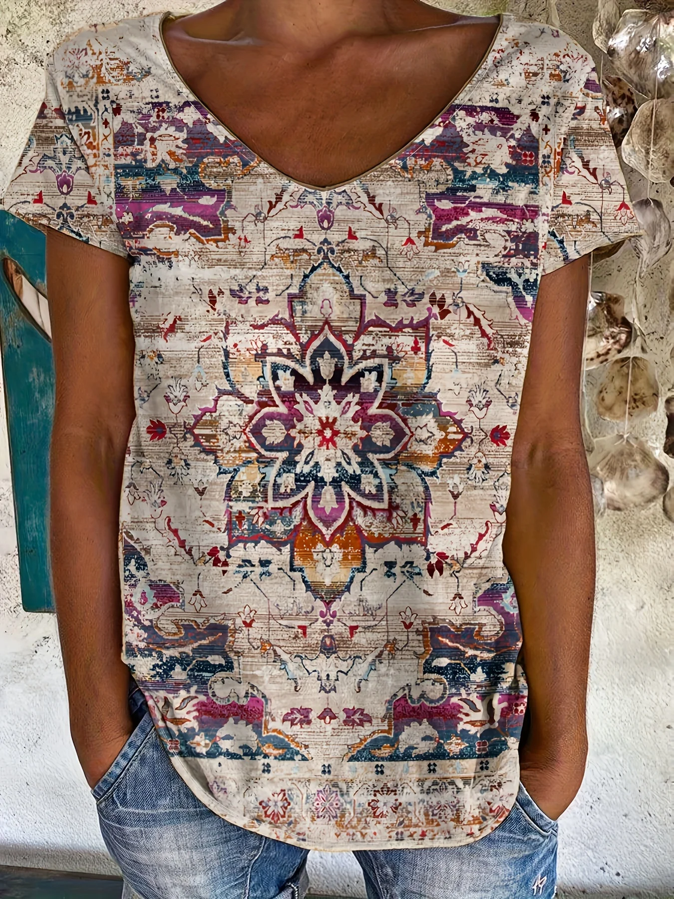 Women's Western Style Printed Short Sleeve T-Shirt Casual Round Neck Printed Short Sleeve T-Shirt