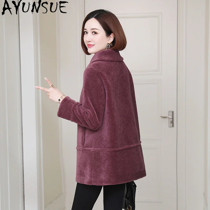 เสื้อโค้ทขนสัตว์แท้ 100% ยี่ห้อ AYUNSUE สำหรับผู้หญิง แจ็คเก็ตขนแกะแท้ เสื้อผ้าฤดูใบไม้ร่วงและฤดูหนาว เสื้อคลุมขนสัตว์ผสมสำหรับผู้หญิง เสื้อคลุมด้านนอก