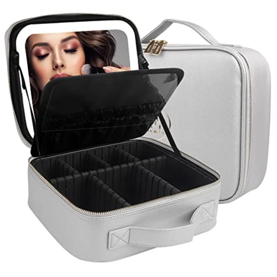

Makeup Bag with Mirror and Light Travel Makeup Train Case Cosmetic Bag Organizer Portable Artist Storage Bag with Adjustable Di