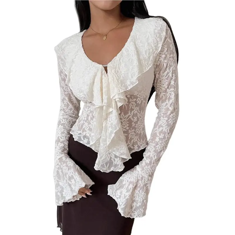 

CYL-Women's Lace Blouse V Neck Bell-Sleeve Ruffled Long-Sleeve Casual Spring Fall Top