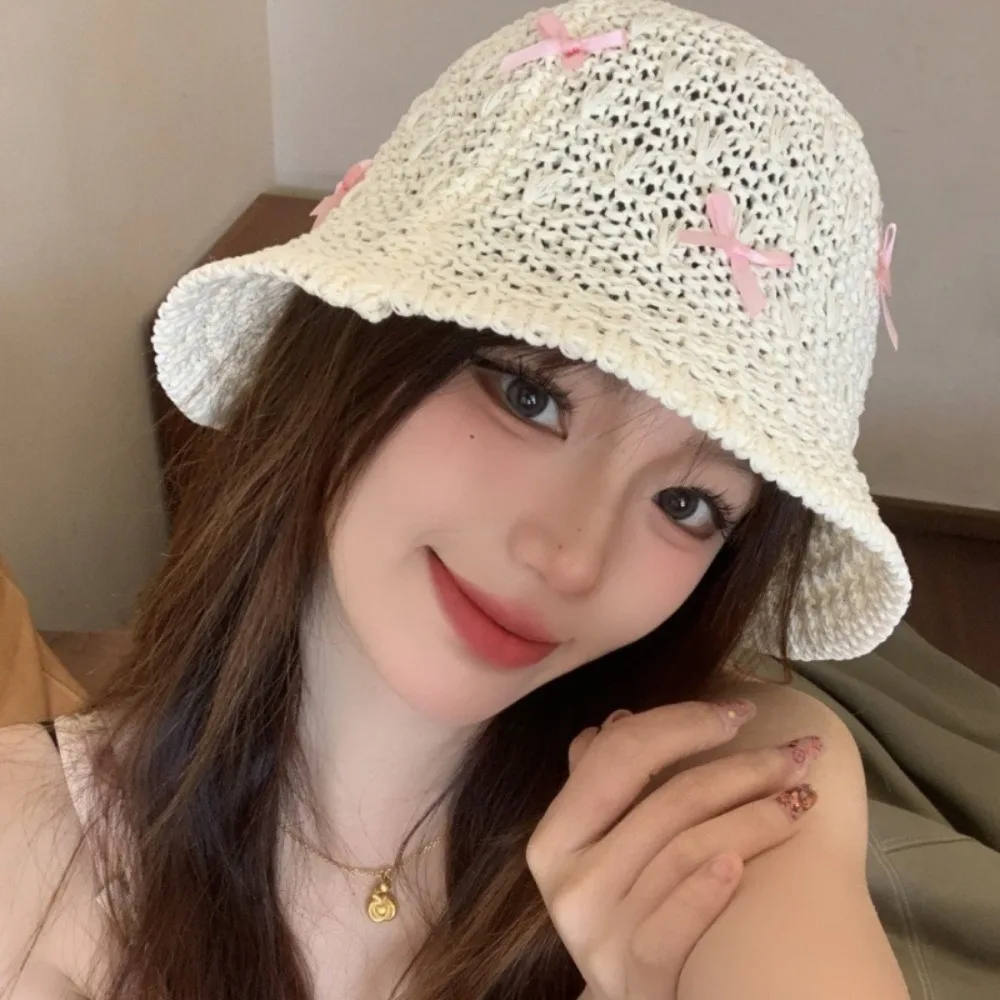 Fashion Mini Bow Beach Straw Hat Solid Color Weaving Korean Bucket Hat Breathable Cotton Women Suncreen Hat Travel Vacation