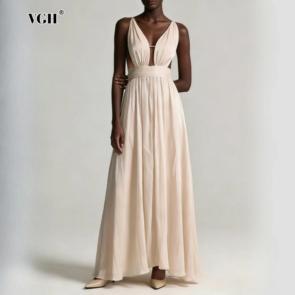 VGH Solid Loose Spliced Folds Dresses for Women V Neck Sleeveless Intellectual Temperament Dress Female Summer Fashion Style New