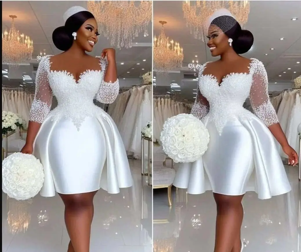 Customized Plus Size Wedding Desses South Arican Satin Lace Beaded 3/4 Long Sleeves Sheer Neck Short Bride Gowns Bridal Dress