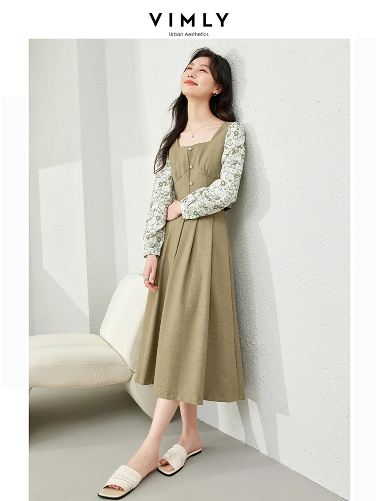 VIMLY Elegant Tweed Square Neck Patchwork T-Shirt+Pleated A-line Skirt 2-piece Set French Style Autumn Collection Women Fashion