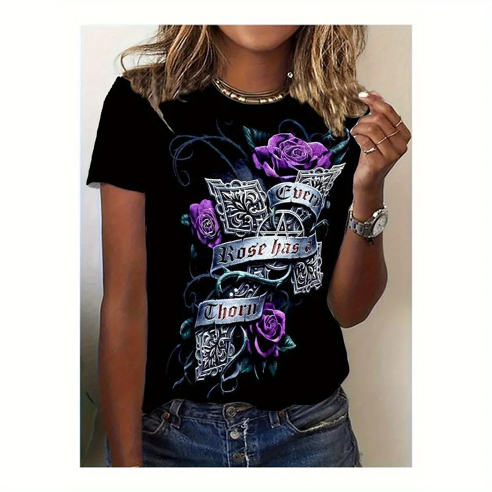 Flower & Letter Print Vintage T-shirt, Crew Neck Short Sleeve Top For Spring & Summer, Women'S Clothing