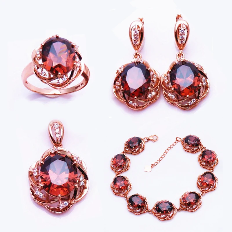 585 Purple Gold Plated 14K Rose Gold Inlaid Ruby Jewelry Set Openwork Crystal Luxury Exquisite Engagement necklaces earrings