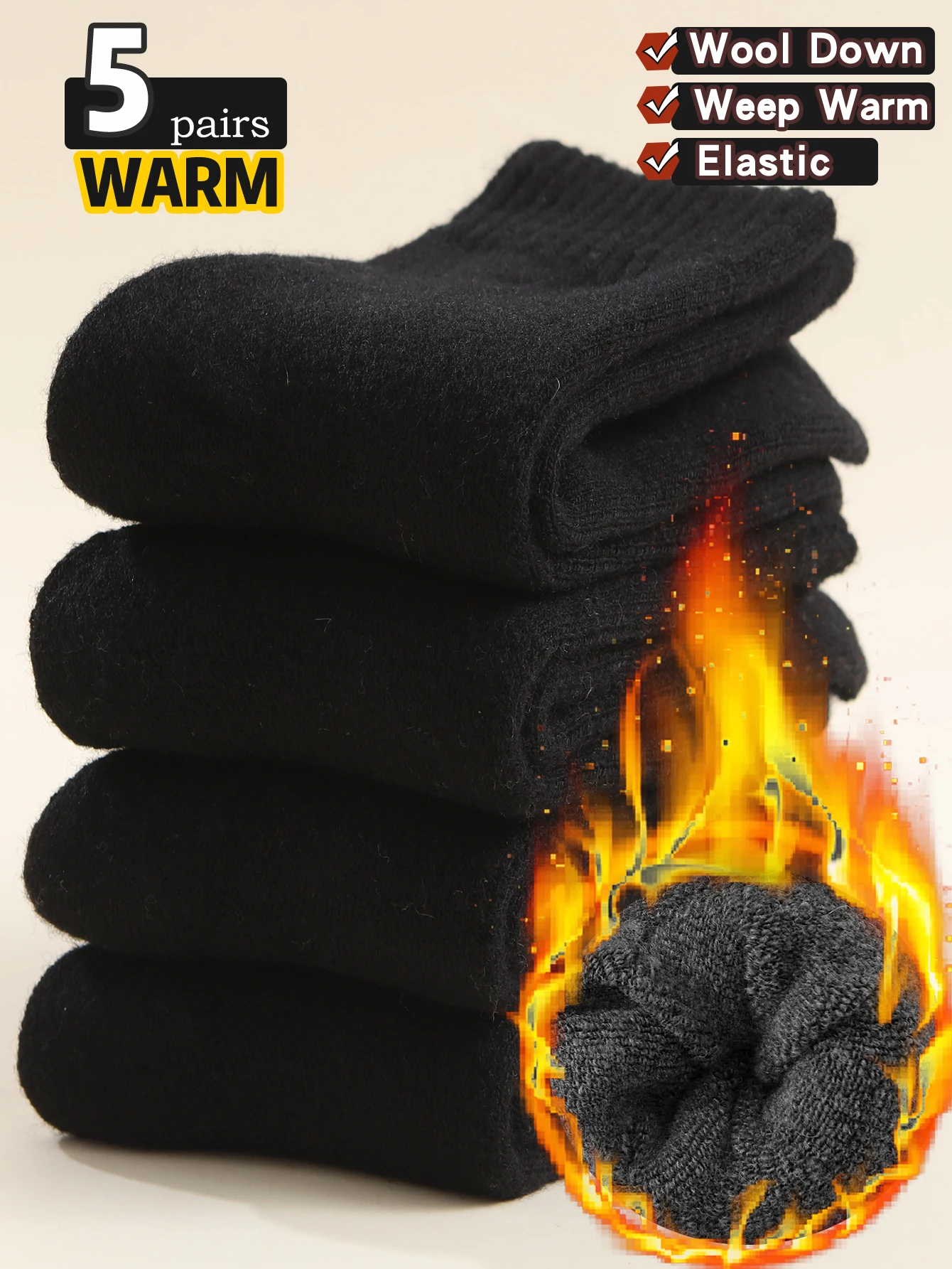 

5 Pairs Men's Thick Warm Wool Socks Extra Thick Towel Socks Heat Retaining Crew Mid-Calf Socks Black Business Thick Socks