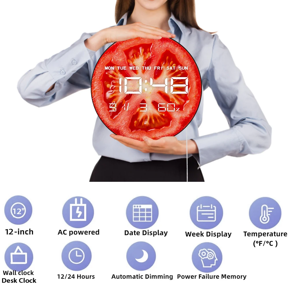 ساعة حائط مطبخ مطبوعة بشريحة طماطم مع شاشة LED رقمية كبيرة نباتية عشاق فني ديكور منزلي ساعة حائط إلكترونية