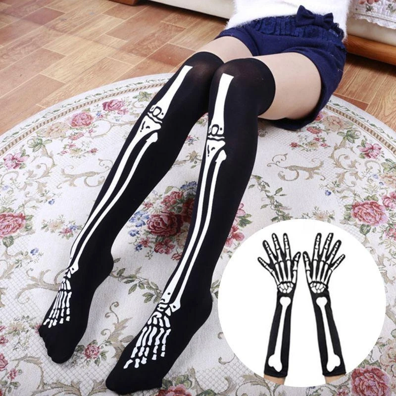 J15U Womens Halloween Cosplay Skull Skeleton Bone Gloves Thigh High Stockings Socks