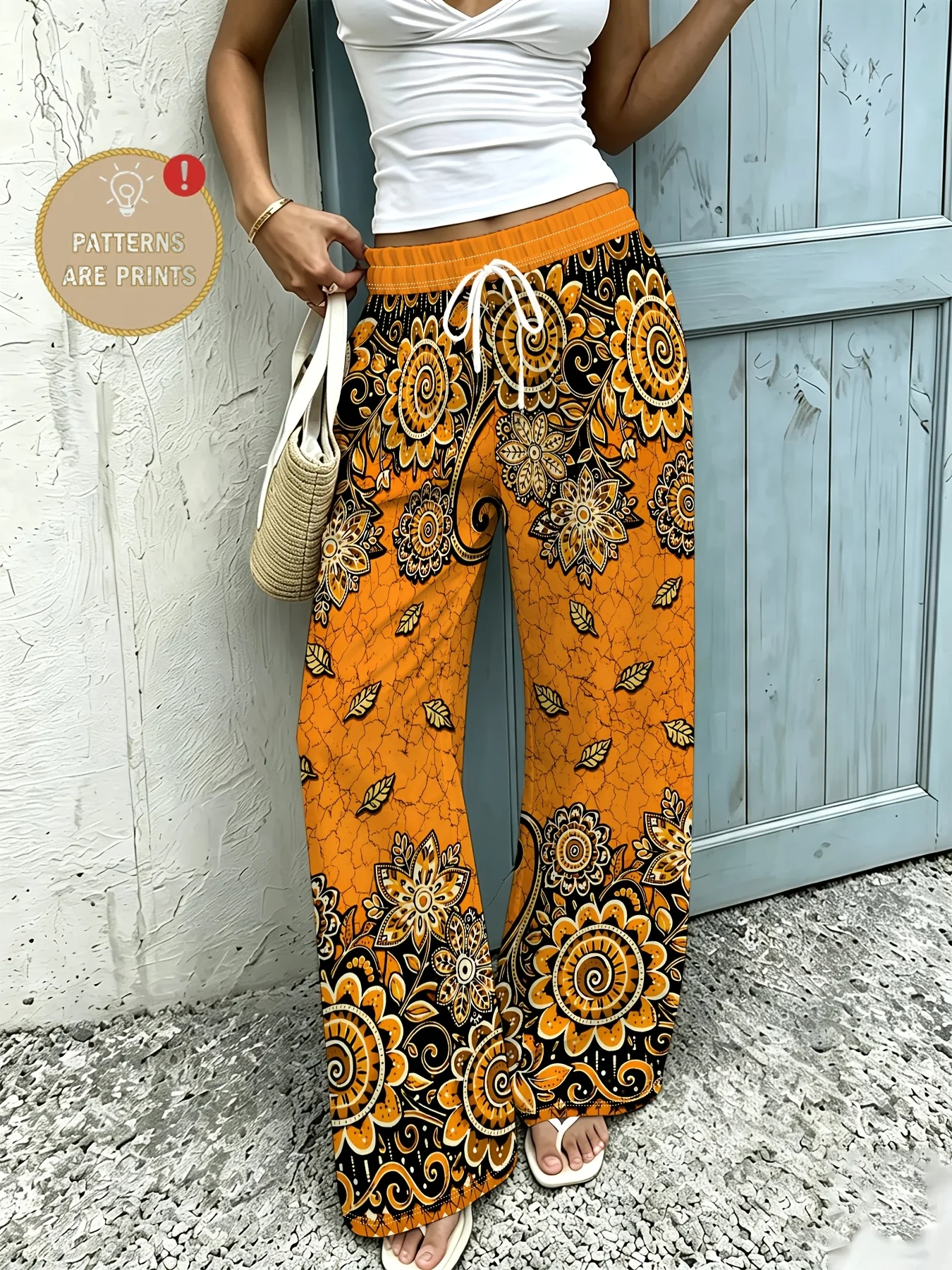 Totem Print Wide Leg Pants, Elastic Waist Flowy Casual Long Trousers, Bohemian Figure-Flattering Beach Vacation Pants
