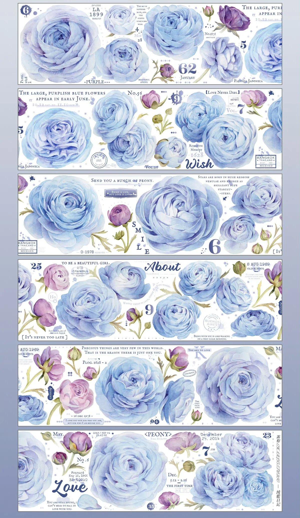 Blauw Paars Rose Bloemen Glanzende Washi PET Tape Roll Journal Decoratie