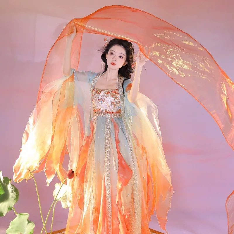 Fairy Tang Style Hanfu for Women Gradient Orange Embroidery Butterfly Robe Ancient Princess Cosplay Flowing Scarf Party Costume