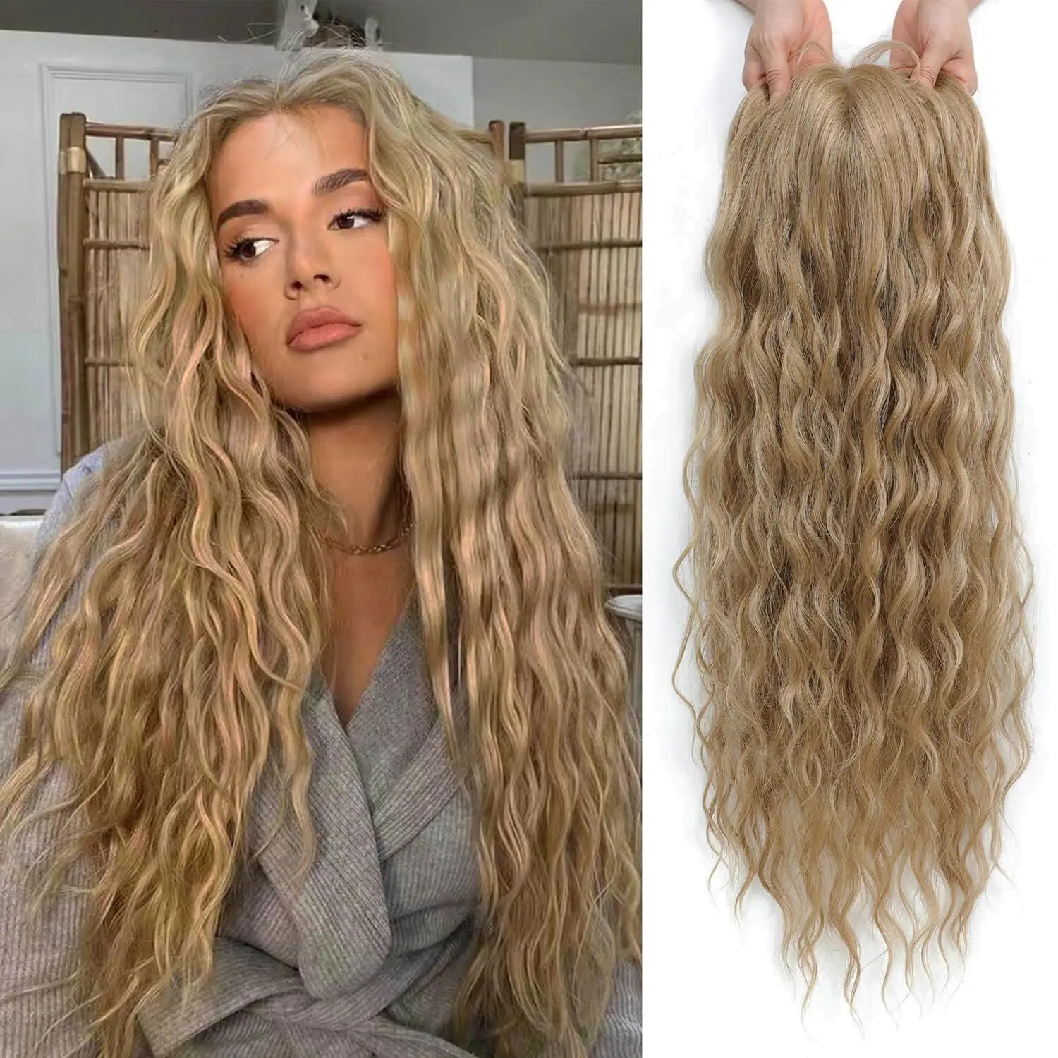 

Full Swiss Lace 100% Human Hair Topper Hand Tied Mono Top Creates Scalp Illusion Loose Wave Color #27