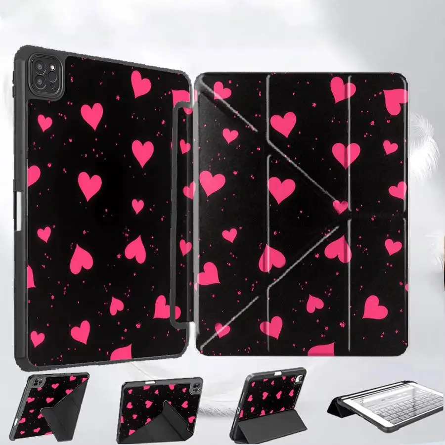 

Чехол для планшета iPad Pro 11-го, 10-го, 9-го, 8-го, 7-го поколений, 12.9 дюймов, Air 4, 5, M3, M2, M4, 11 дюймов Pro 2025, Mini 6, 7, с держателем, розовый, с декором в виде сердечек