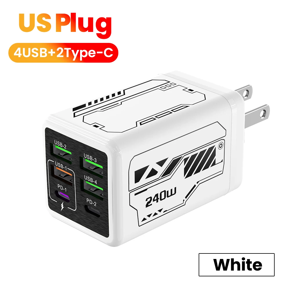 240 W 6 Poorten 4 USB + 2 Type C Super Snel Opladen Mobiele Telefoon Oplader USB3.0 PD3.0 EU/UK/US Oplader Voor Iphone 17 16 Samsung POCO - afbeelding 1
