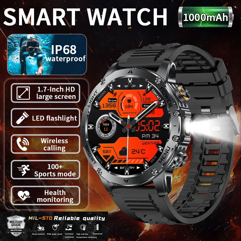 

LIGE Smart Watch 1.7"lPS HD Large Screen 1000mAh Battery 24Hours Health Monitoring Wireless Call Waterproof For Android IOS Men
