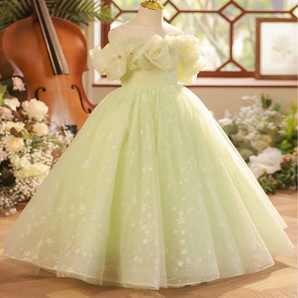 Jill Wish Luxury Sage Girl Dress Handmade Flowers Princess Kids Wedding Birthday Party Holiday Gown First Communion 2024 J208