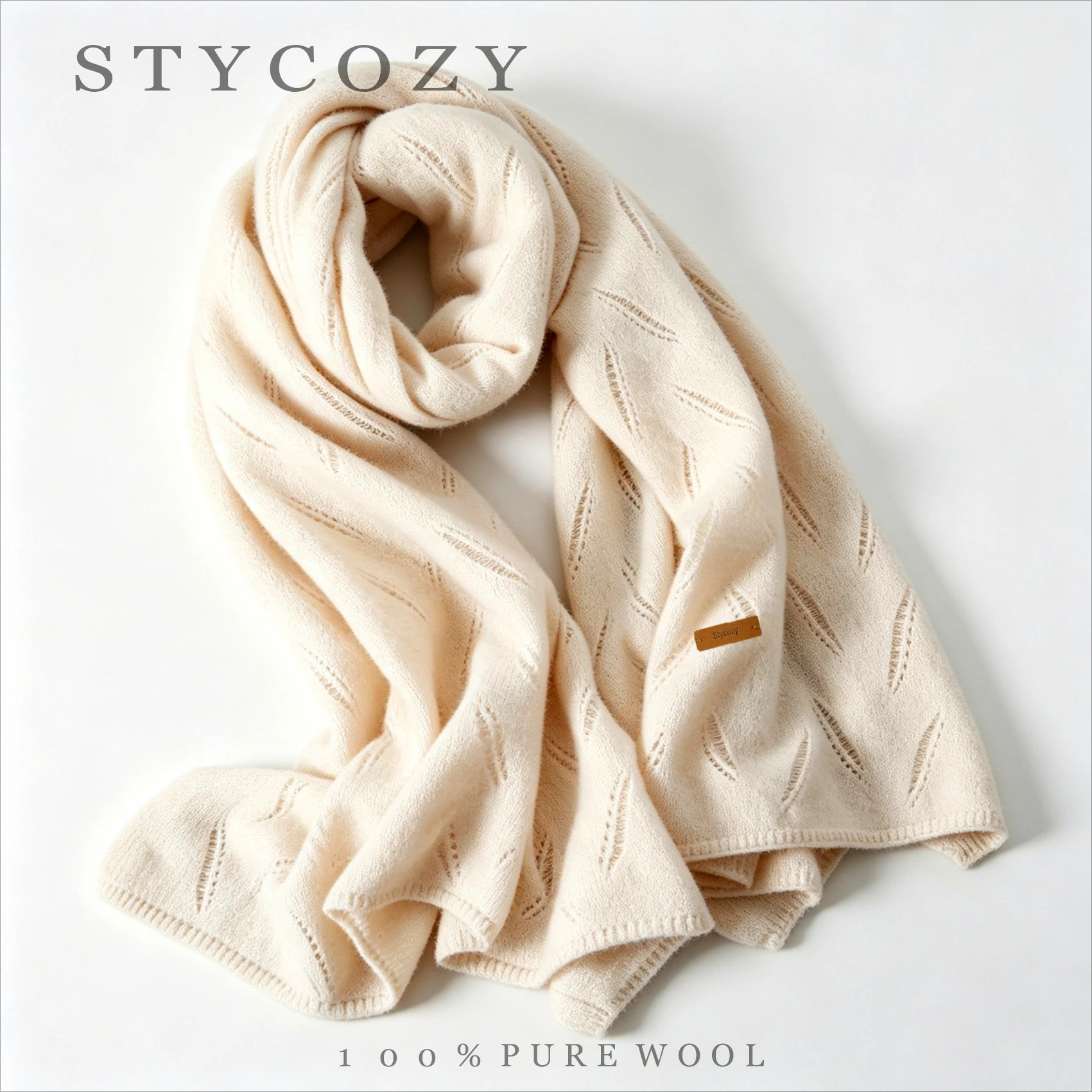100% Wool Solid Color Leaf Hollow Out Scarf For Women Autumn And Winter Warm Knit Long Shawl Fashionable And Cozy Neck Wrap