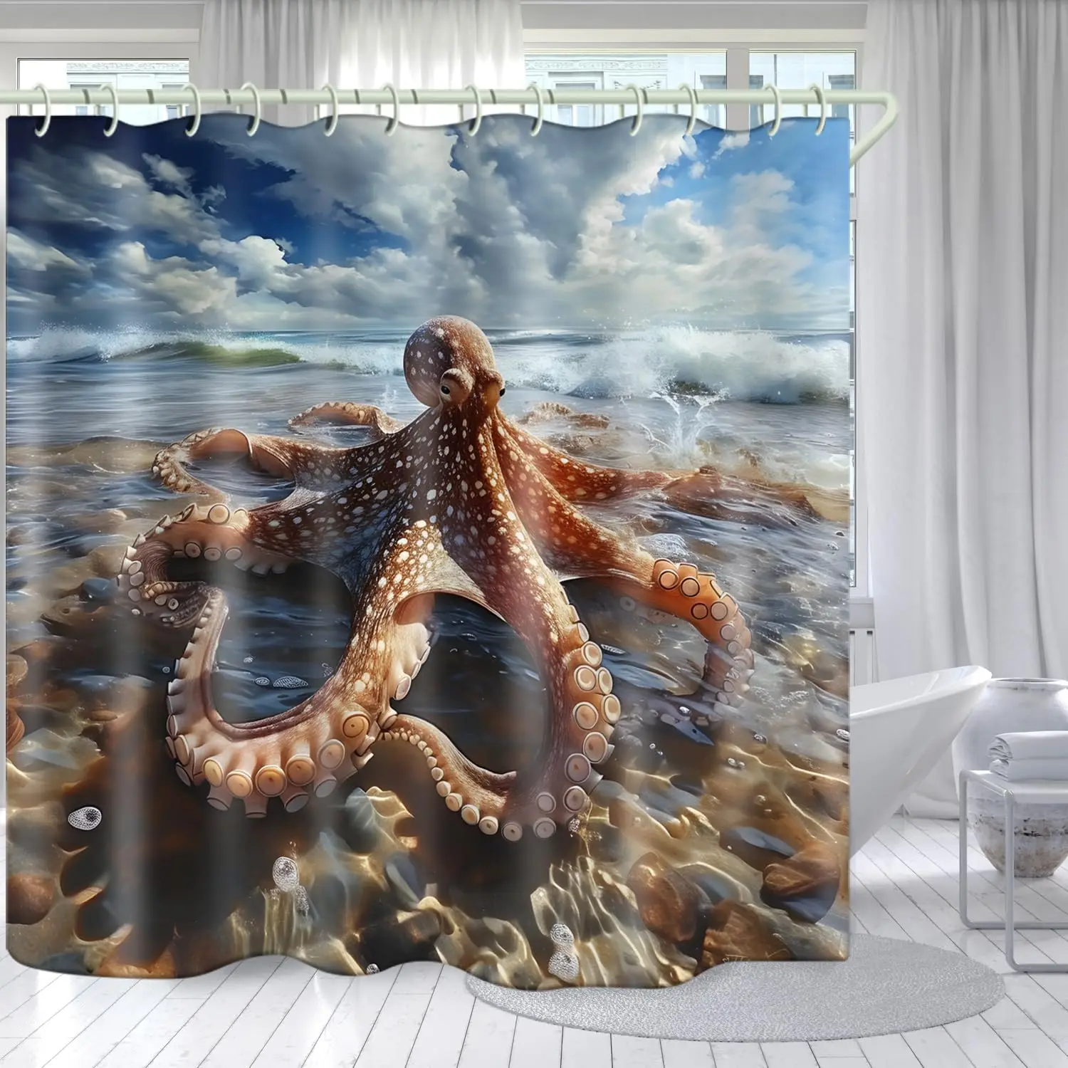 

3D занавеска для душа Octopus, роскошная ванная комната, стандартный размер 72x72 дюйма, водонепроницаемая, яркая ткань, 12 белых крючков