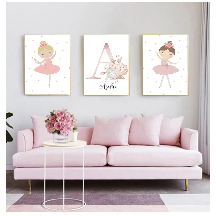 Custom Name Poster Bunny Print Nursery Wall Art Pink Flower Pictures Nordic Baby Room Decoration Rabbit Canvas Painting Girl's