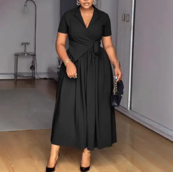 

2026 Summer New Women's Fashion Elegant Commuter V-neck Waist Slimming Solid Color Zipper Dress Women's Wear