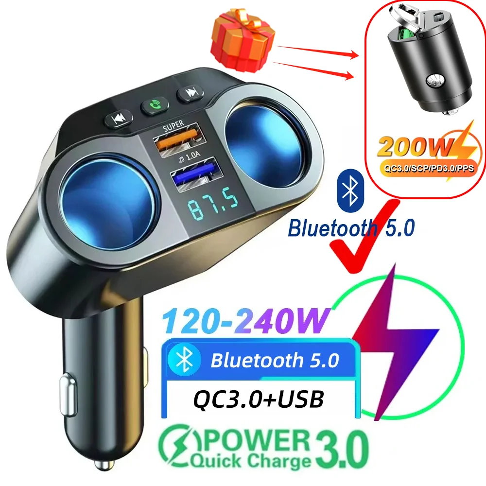 Dual Usb Quick Charger Socket Car Cigarette Lighter Splitter Auto Fm Transmitters Bluetooth Hands-Free Car Charger Dropshipping