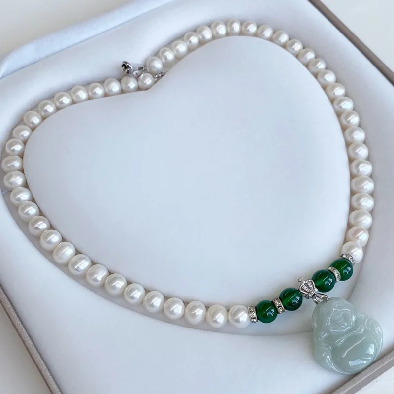 8-9Mm Natural Freshwater Pearl Necklace Jadeite Jade Buddha Pendant S925 Silver