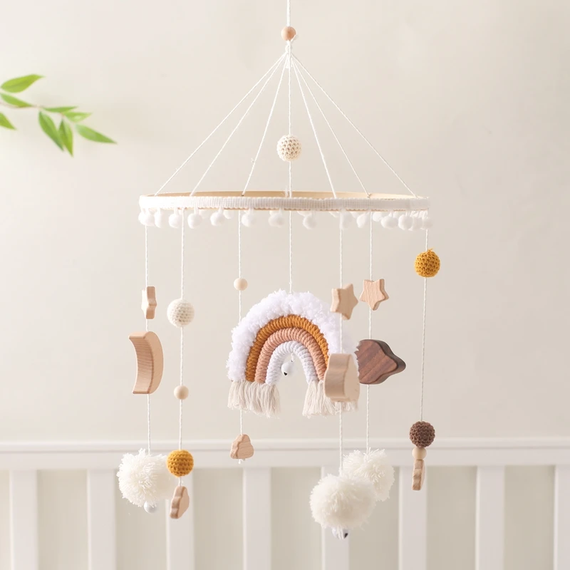 Hochet en bois pour bébé de 0 à 12 mois, cloche de lit Mobile en feutre doux, nuages arc-en-ciel, cloche de lit suspendue, support de berceau Mobile, cadeaux pour bébé