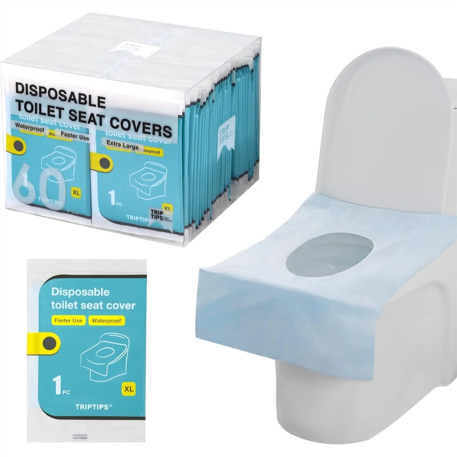 

Disposable Toilet Seat Covers Travel Pack 60 Count - Faster Use Sticker Free, Waterproof, XL for Adults and Kids, Individually