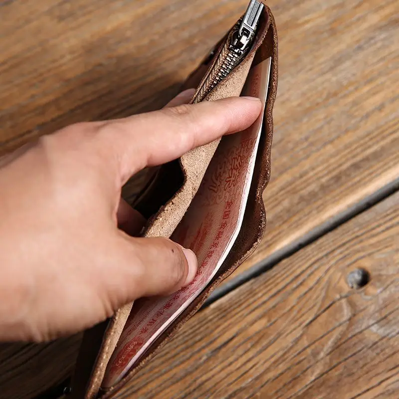 Handmade Wallet Ultra-Thin Vertical Wallet Retro Trendy Brand Niche Minimalist Wallet Small Bag，Artistic Crazy Horse Leather Han