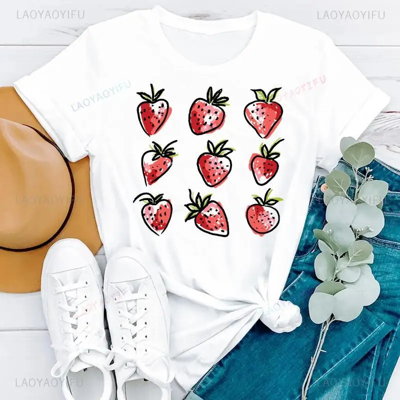 Women Clothing Cartoon Strawberry Fruit Beach Summer Fashion Short Sleeve Pretty Print Tshirt Nice Tee Top Cotton T-shirt