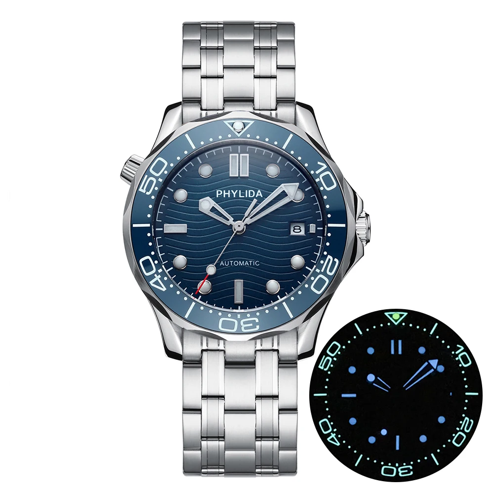 PHYLIDA 20BAR 200M Water Resistant Blue Wave JAPAN MIYOTA Mechanical Automatic Watch SMP Style Sapphire Crystal Luminous